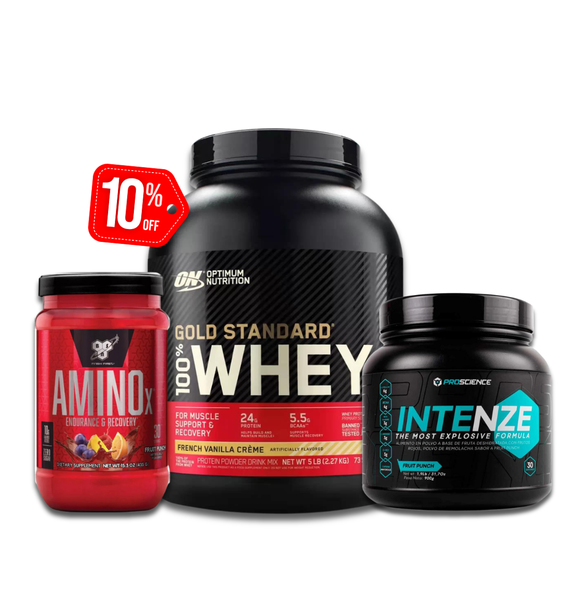 Whey Gold Standard 5lb Vainilla + AminoX 30 Serv Fruit Punch + Intenze Pre-Workout 30 Serv Fruit Punch