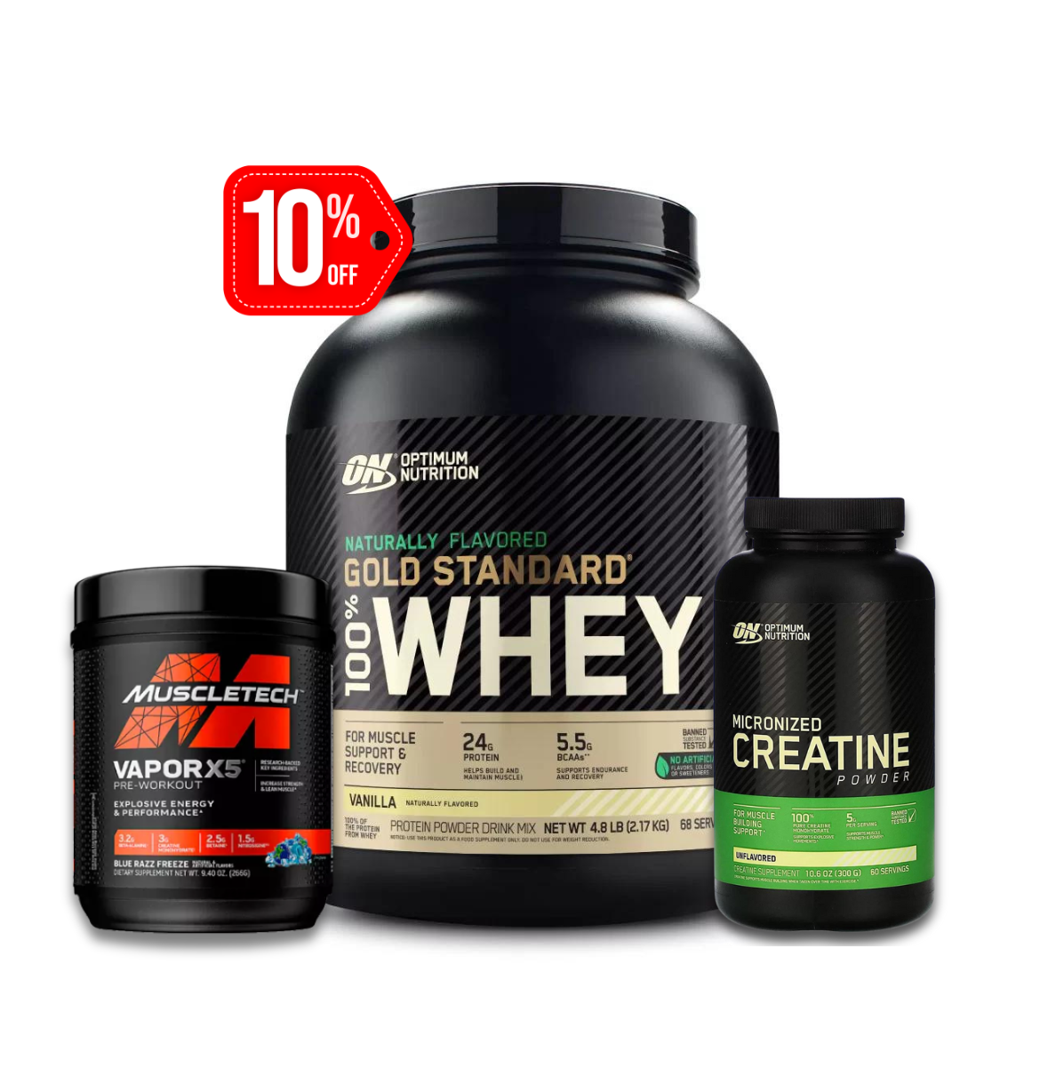 Gold Standard 100% whey 5lb vainilla Sin Artificiales + Creatina ON 60 Servicios + Pre-entreno VaporX5 30 servicios